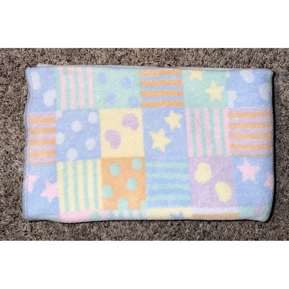 Patchwork‎ Fleece Baby Blanket Stars Hearts Squares Pastel Dots Vtg 27x33